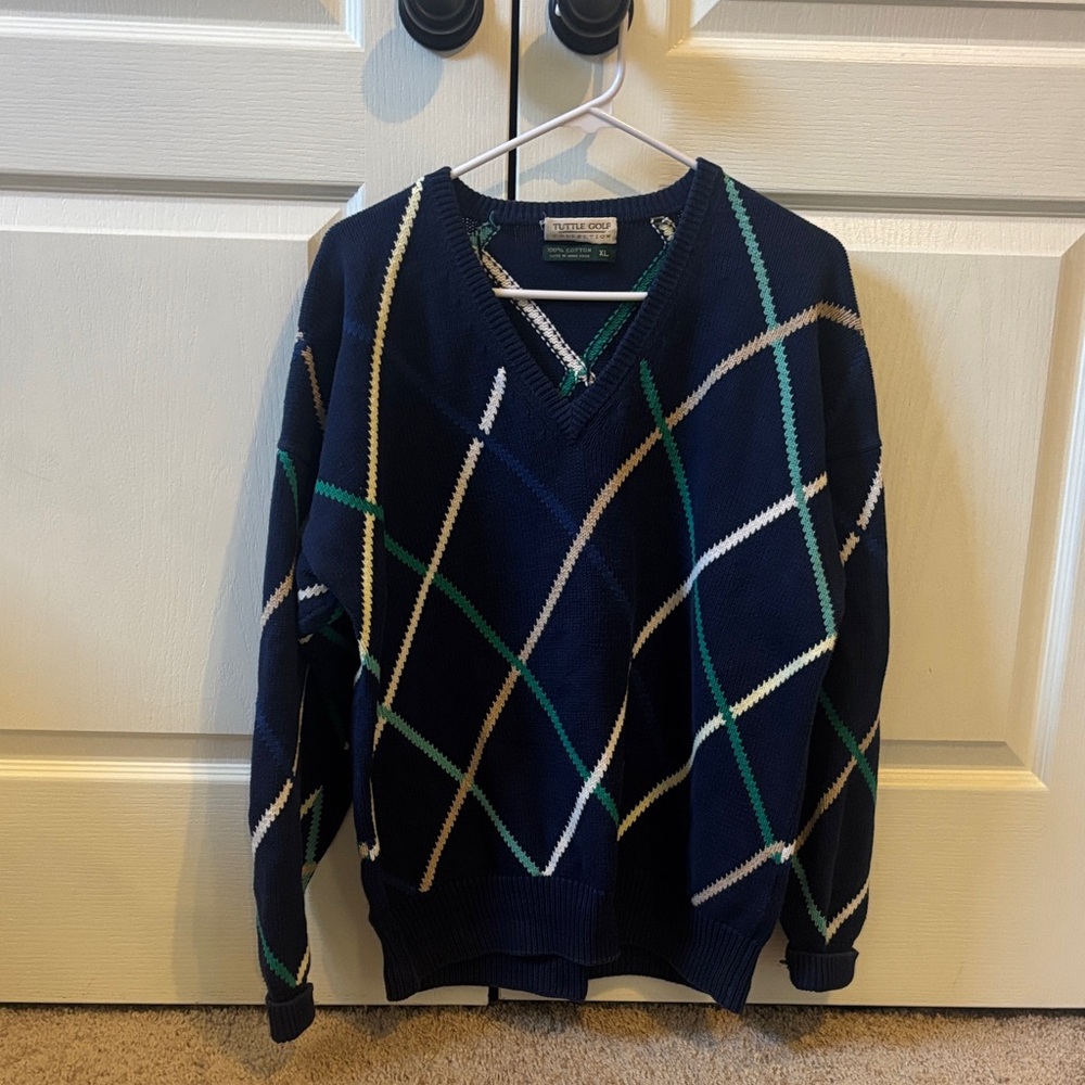 Vintage Chaps Navy V-Neck Golf Sweater with Multicolor Stripes
